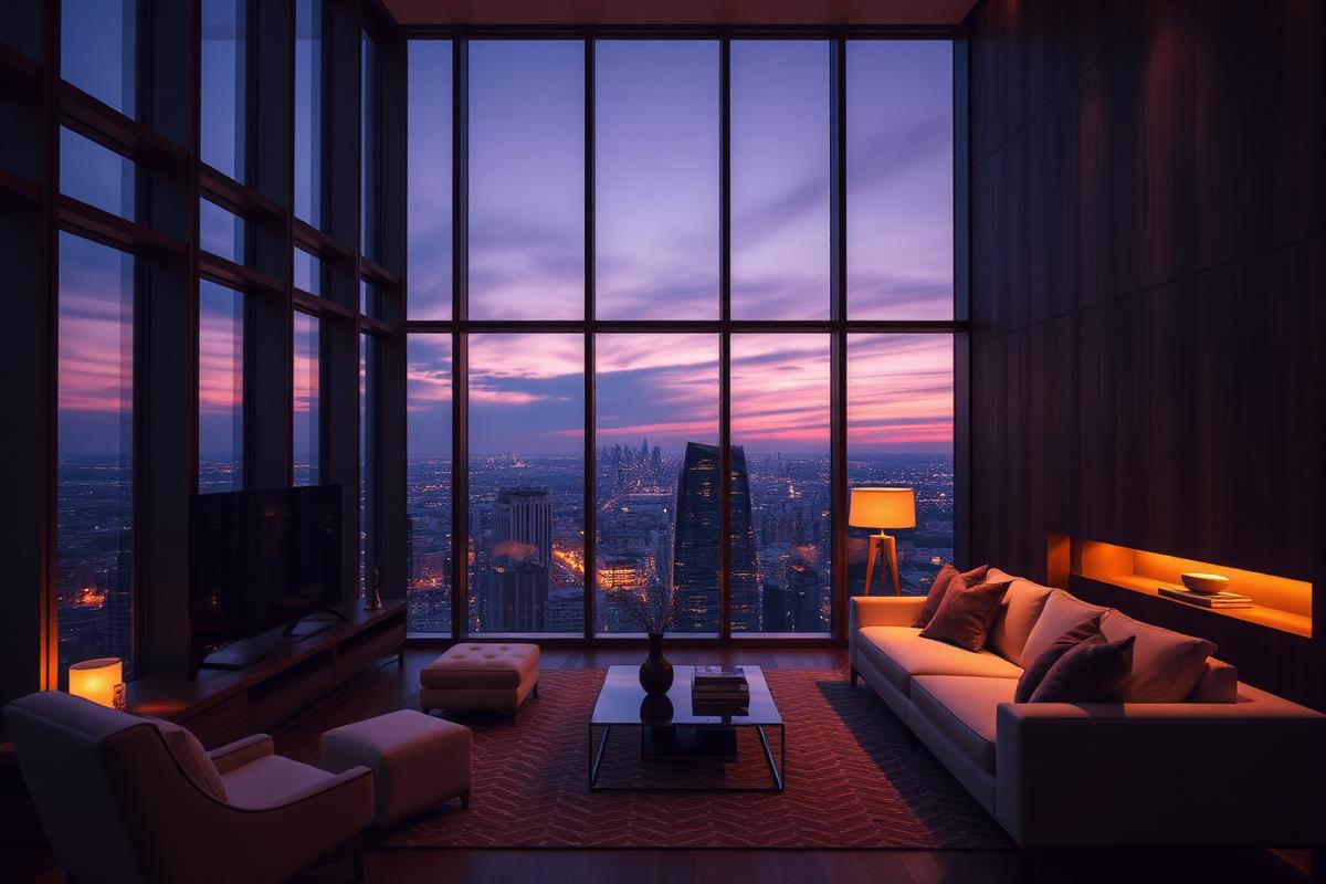 Luxury high-rise condo living room at twilight