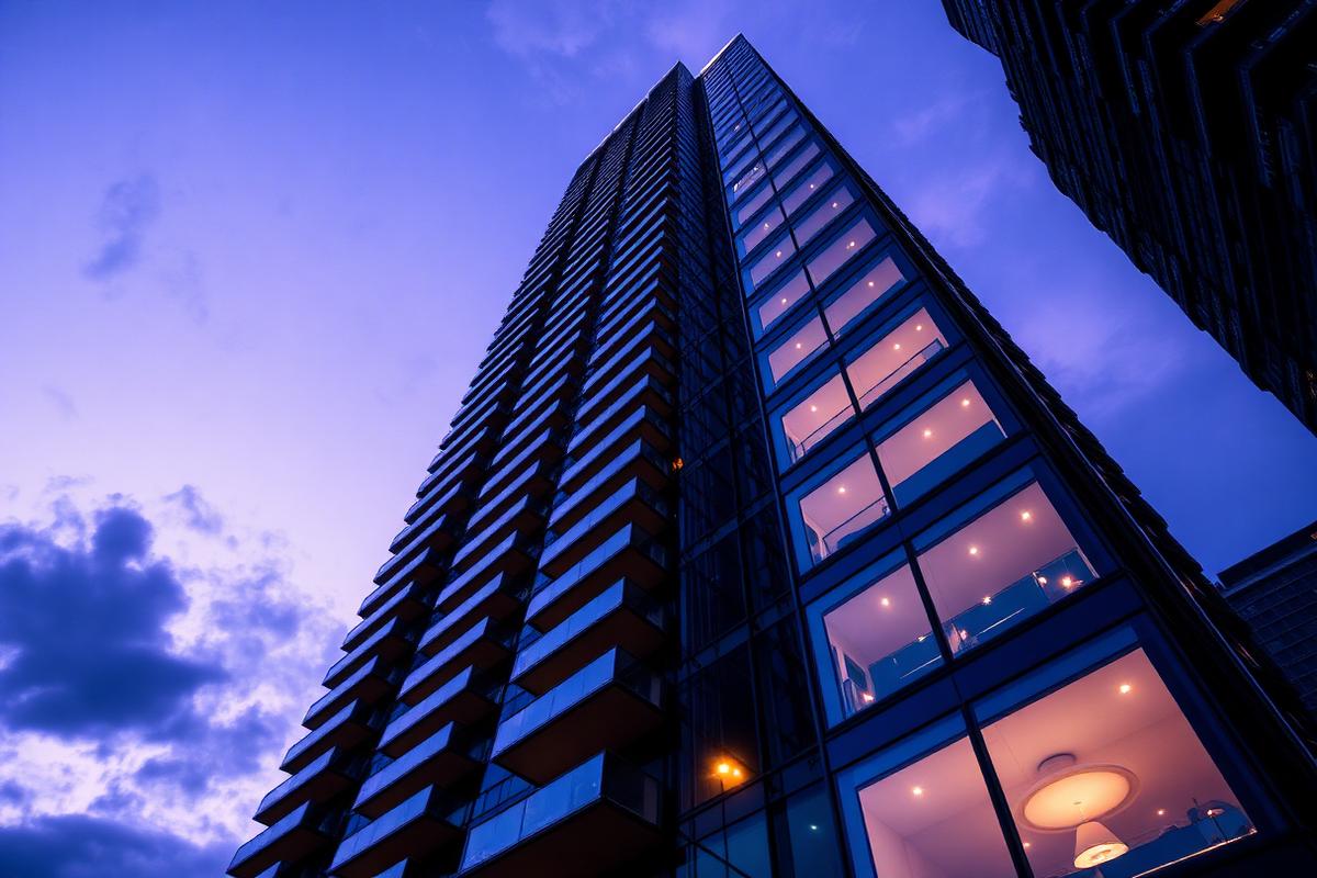 Modern glass residential tower at blue hour