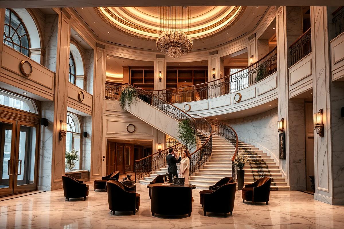 Grand residential lobby with marble staircase