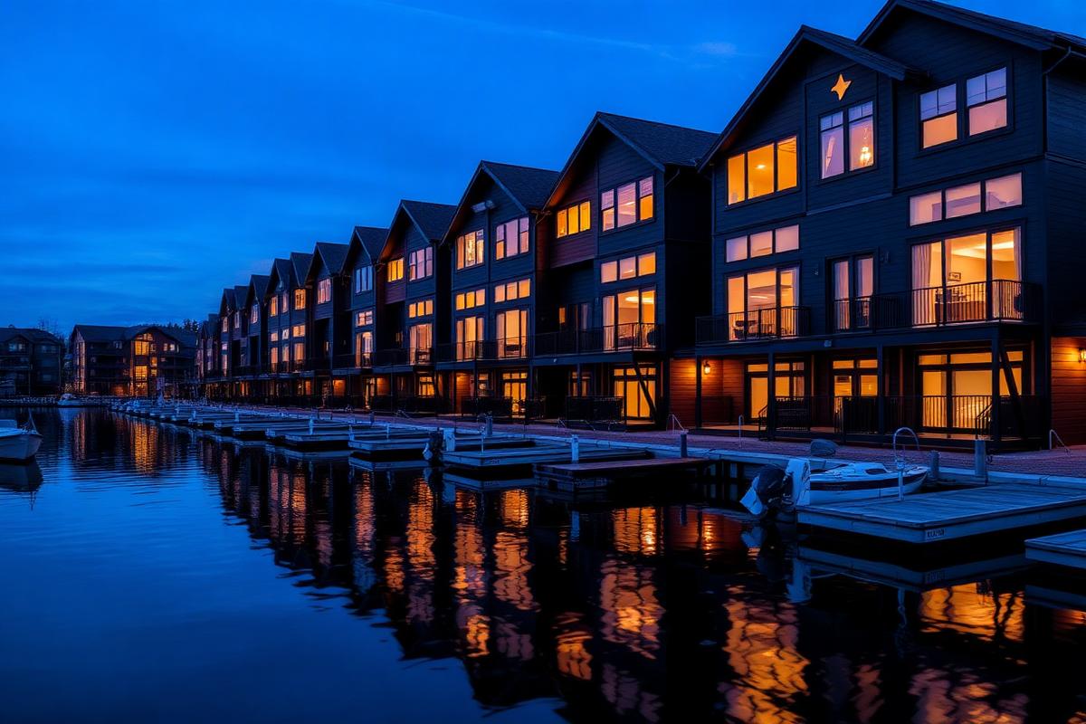 Waterfront townhomes at dusk
