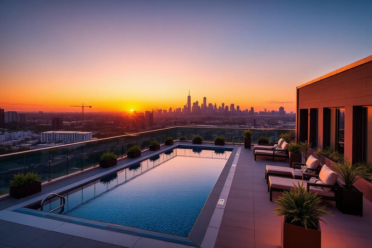 Rooftop amenity deck with infinity pool at sunset