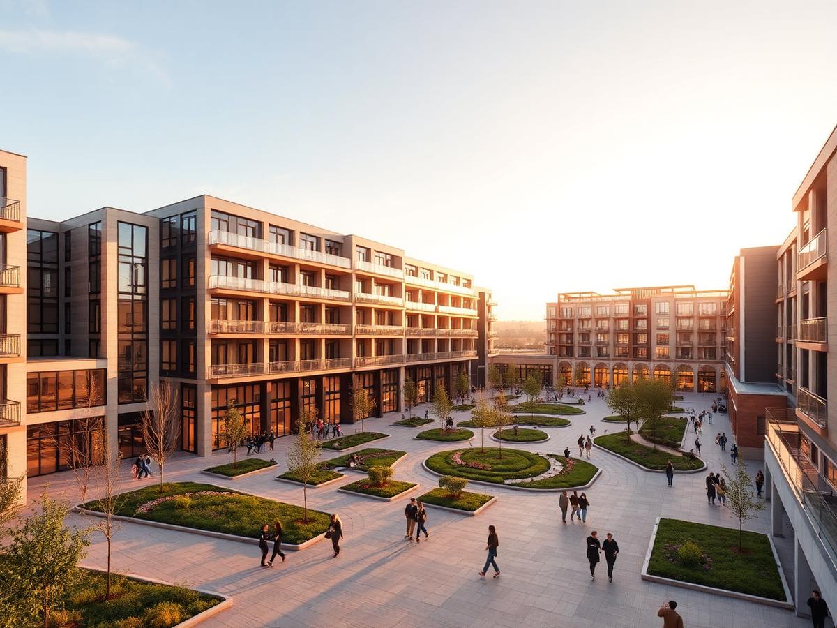 Mixed-use development plaza at golden hour